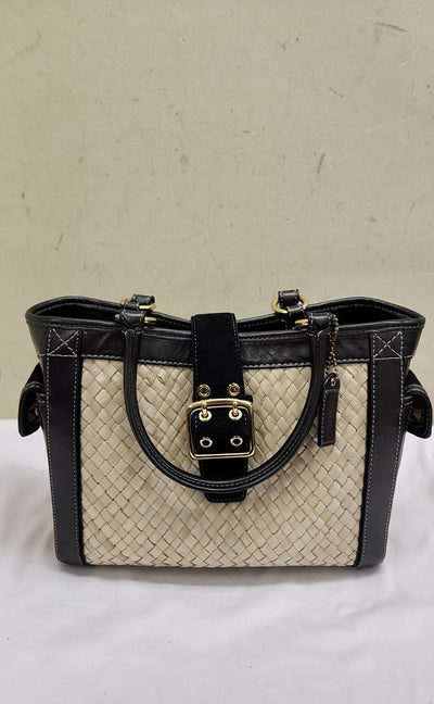 VTG Coach 4419 Tan Straw & Black Leather Trim  Purse Bag AS IS - wear