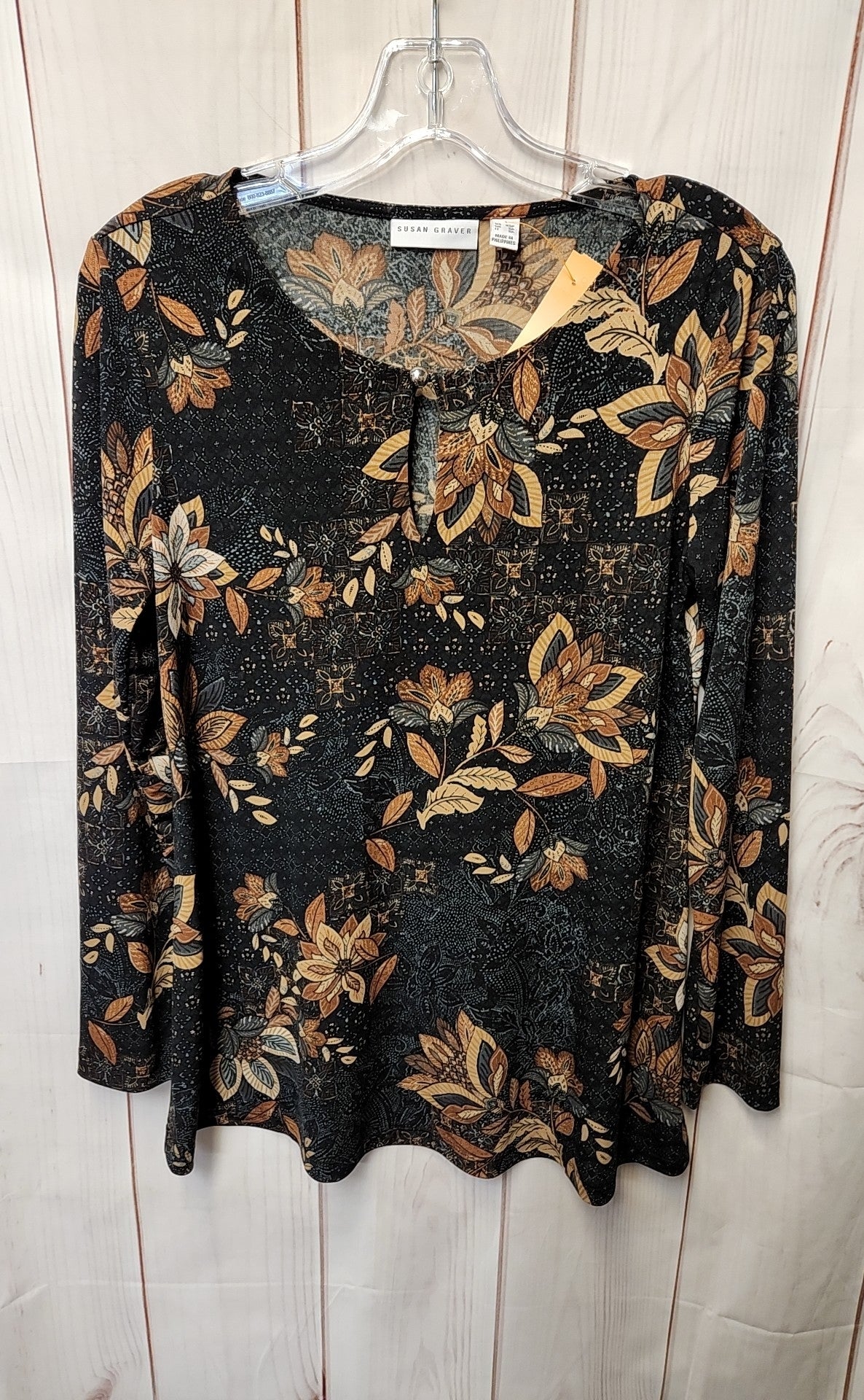 Susan Graver Women's Size XS Petite Black Floral Long Sleeve Top