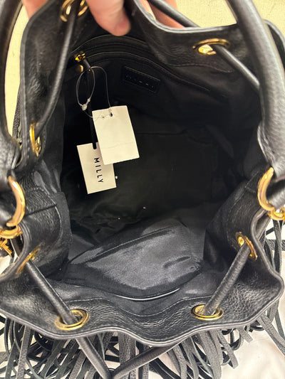 NWT Milly Essex Fringe Drawstring Black Leather Purse Bag