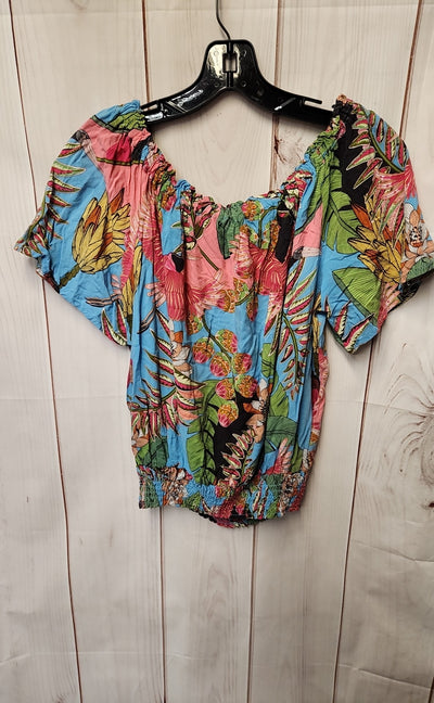 Rachel Women's Size L Blue & Pink Floral Short Sleeve Top