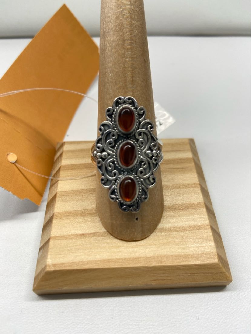 .925 Sterling Silver Size 9 Amber Stones Ring