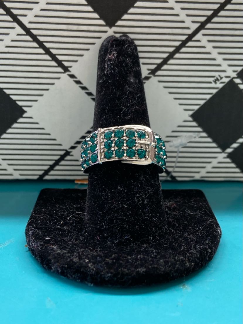 316L Stainless Steel Size 9 Green Stones Belt Buckle Ring