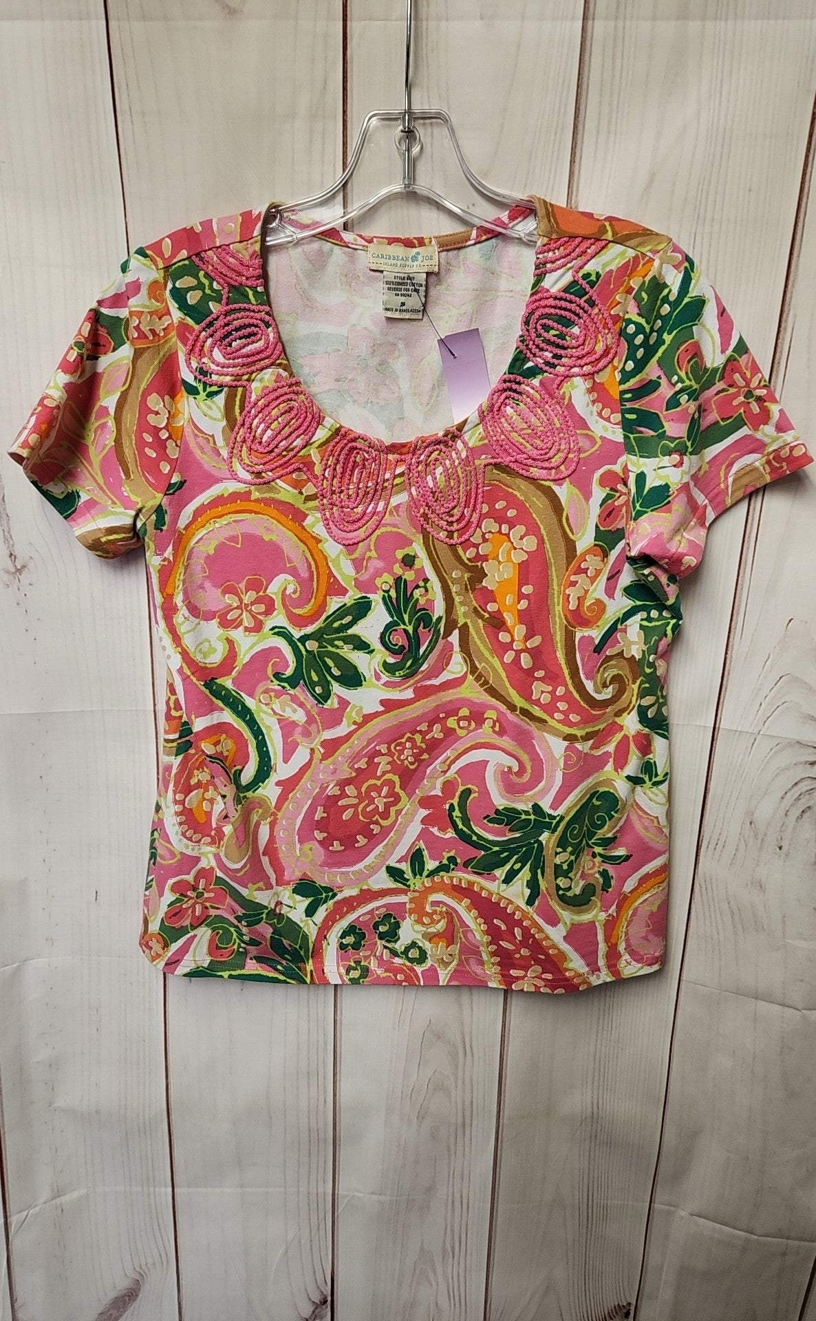 Caribbean Joe Women's Size S Green & Pink Short Sleeve Top