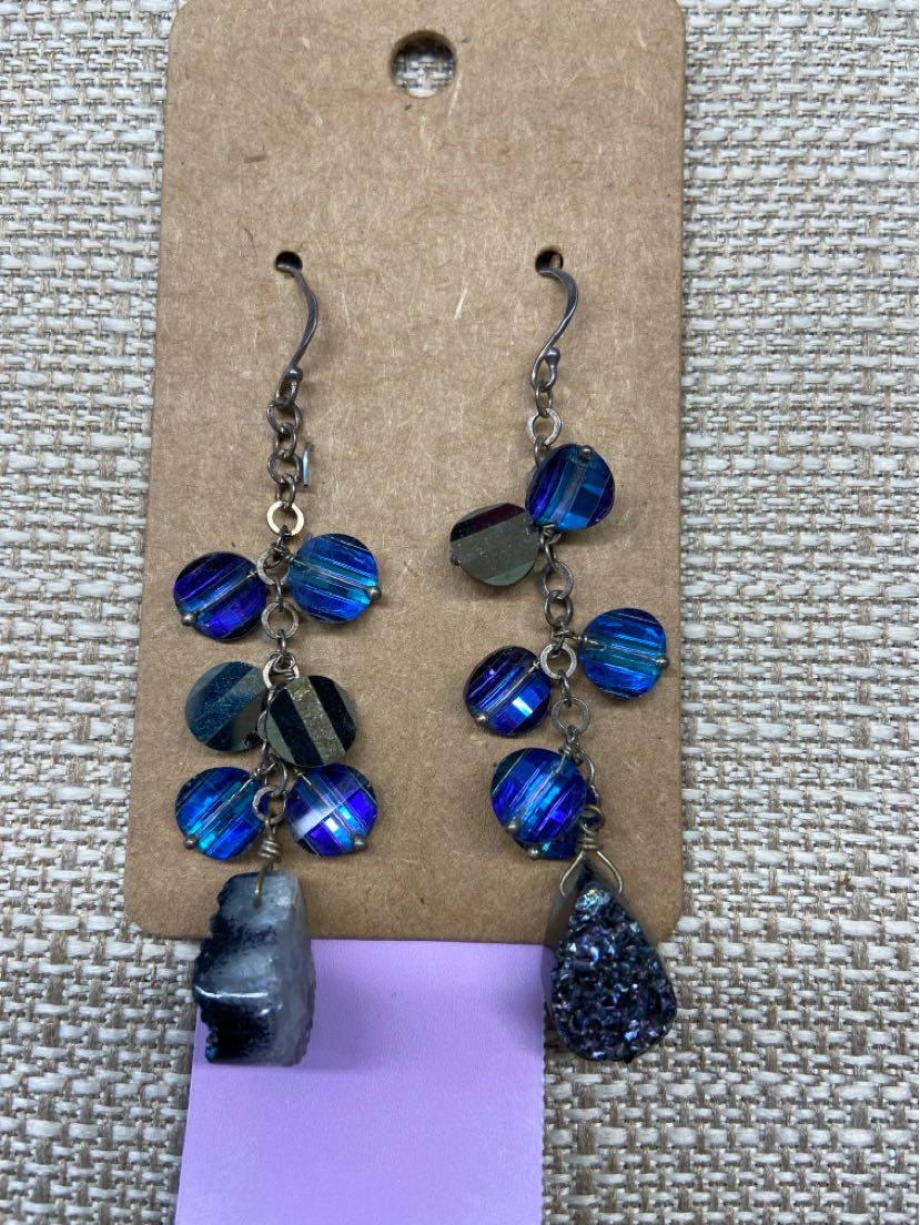 Silver Blue Beaded Drop Earrings