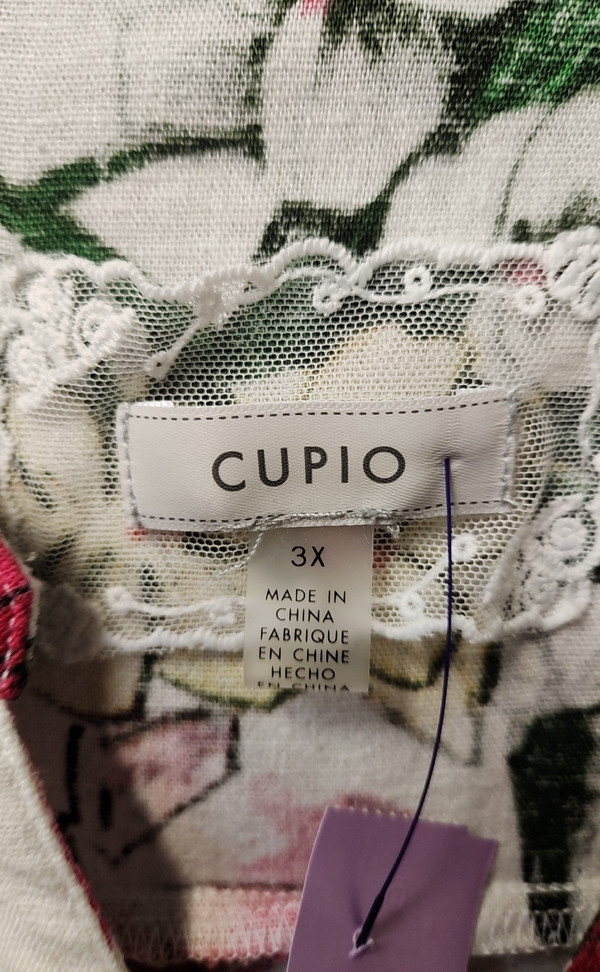 Cupio Women's Size 3X White Linen Blend Floral 3/4 Sleeve Top