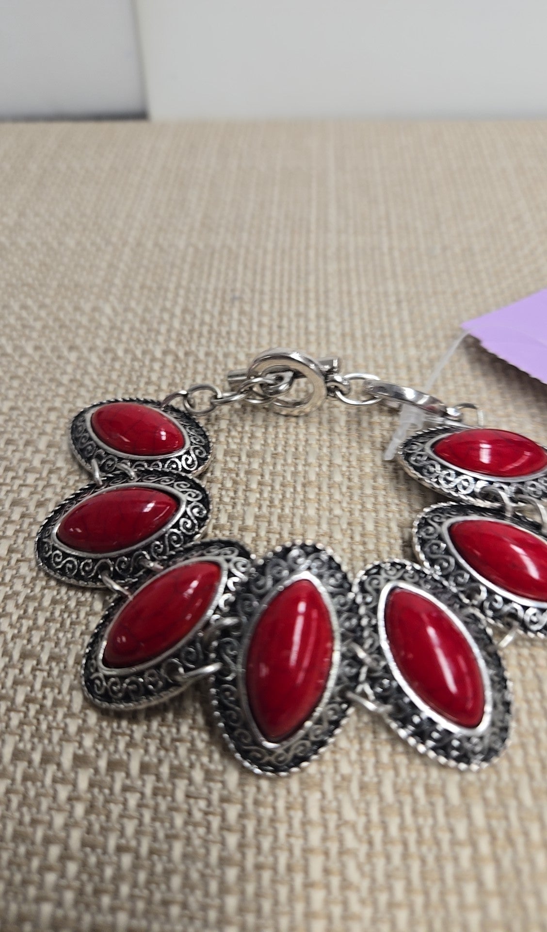 Red Stone & Silver Toggle Bracelet