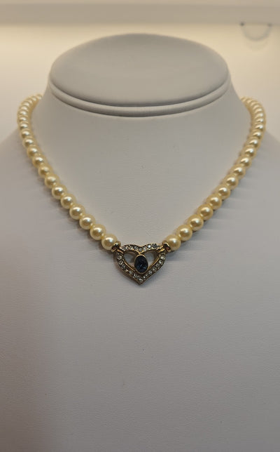 Vintage White Beaded Heart Shape Blue & Crystal Stone on Gold 15" Necklace