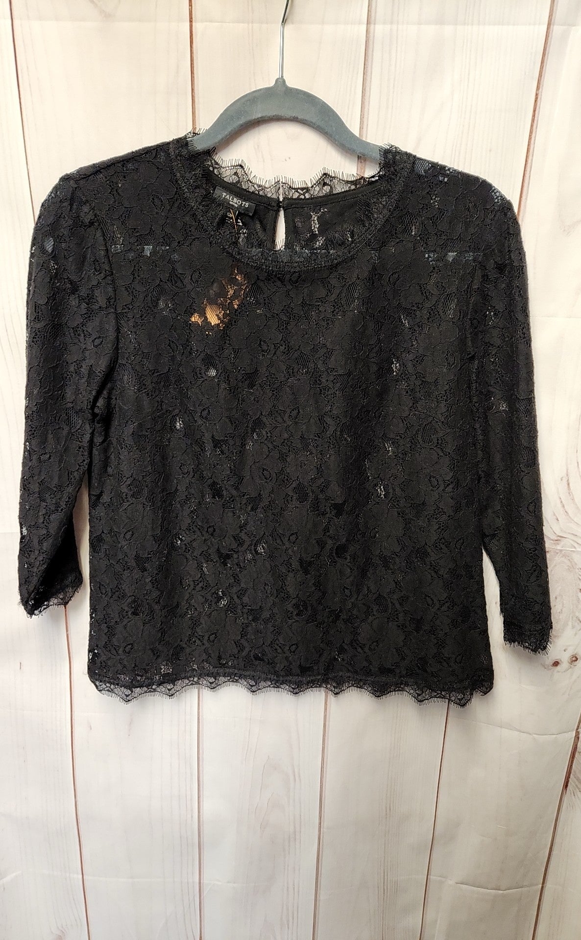 Talbots Women's Size 10 Petite Black Lace Floral 3/4 Sleeve Top