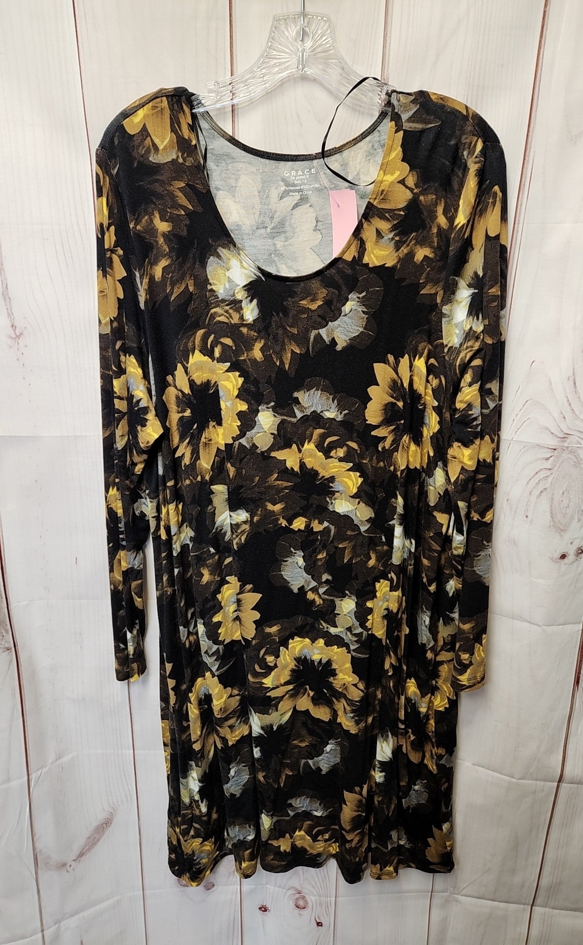 NWT Grace Women's Size 1X Black & Brown Floral Dress