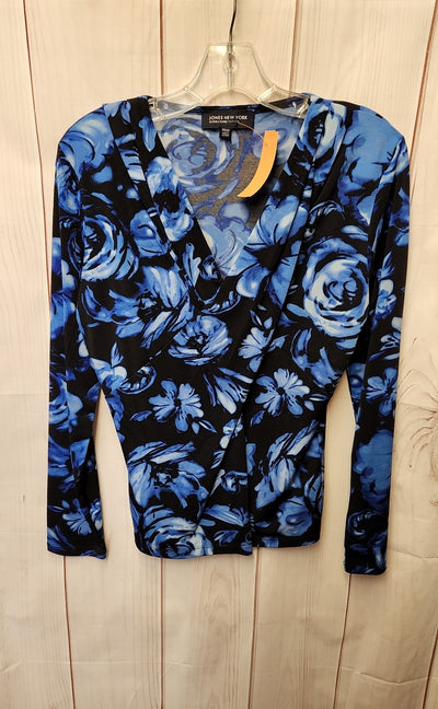 Jones New York Women's Size S Petite Blue Floral Long Sleeve Top