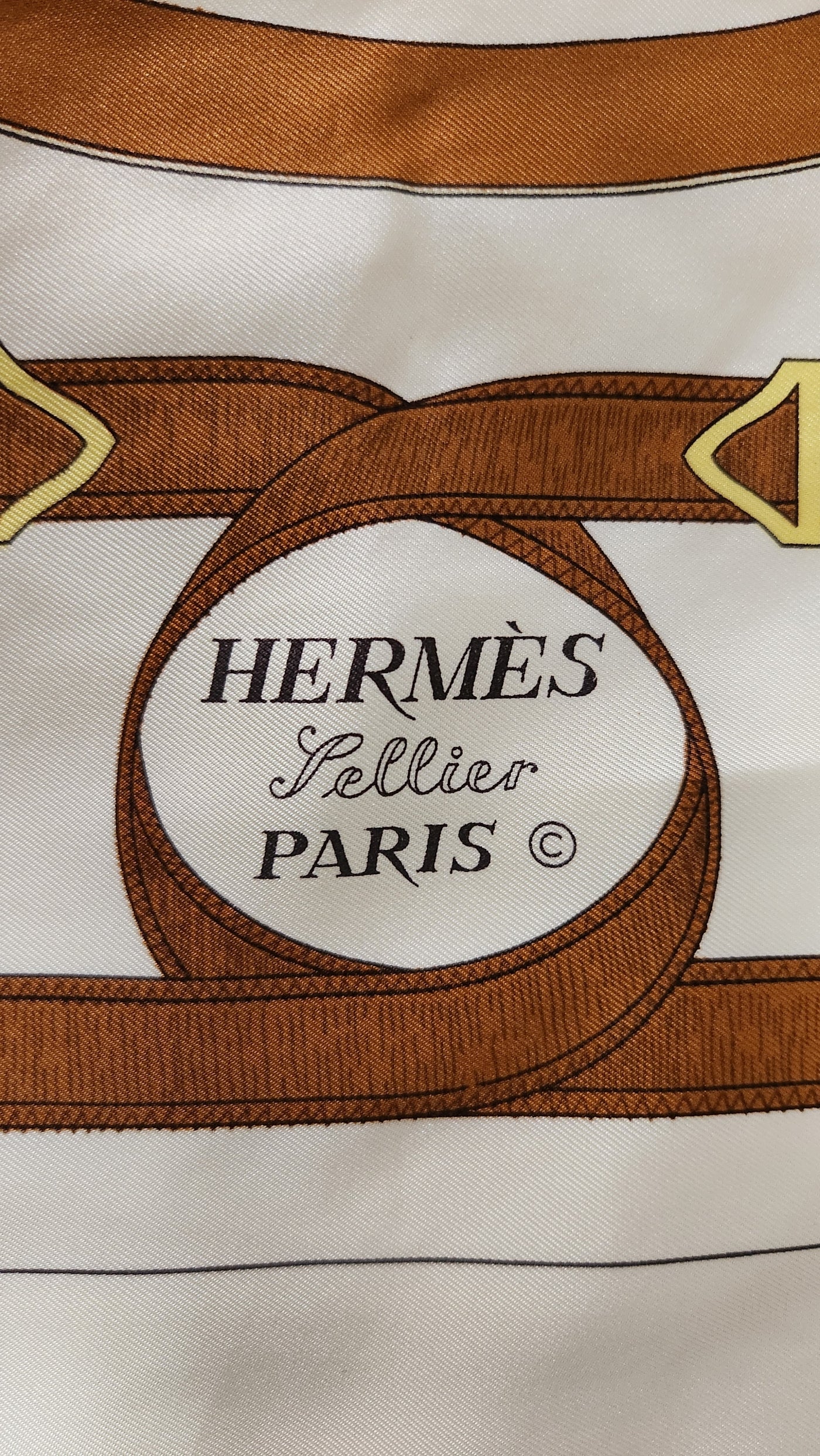 COA Hermes Paris Scarf Eperon d'Or Silk 35" Square Brown Beige Gold