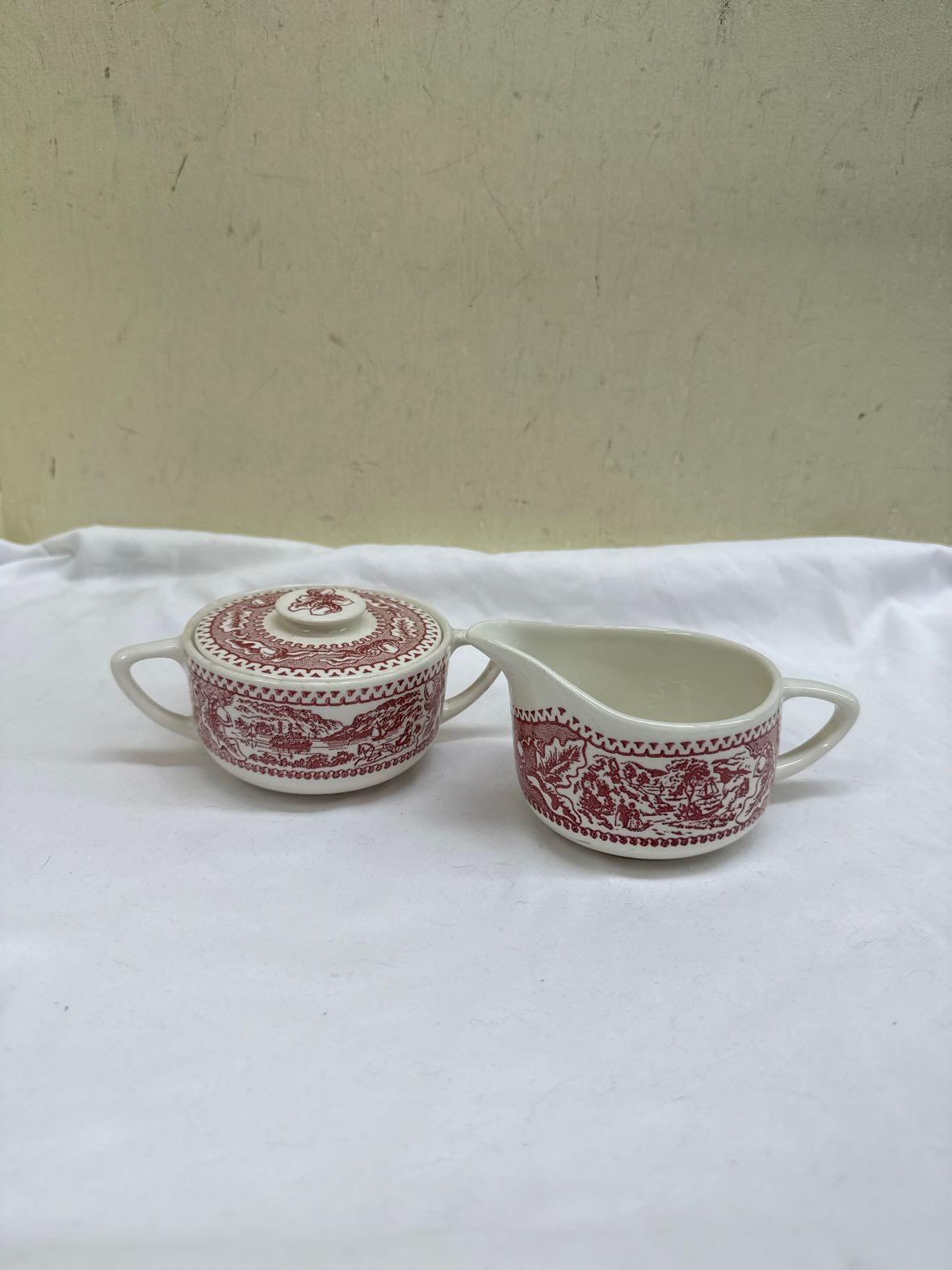 Red & White Porcelain Cream & Sugar