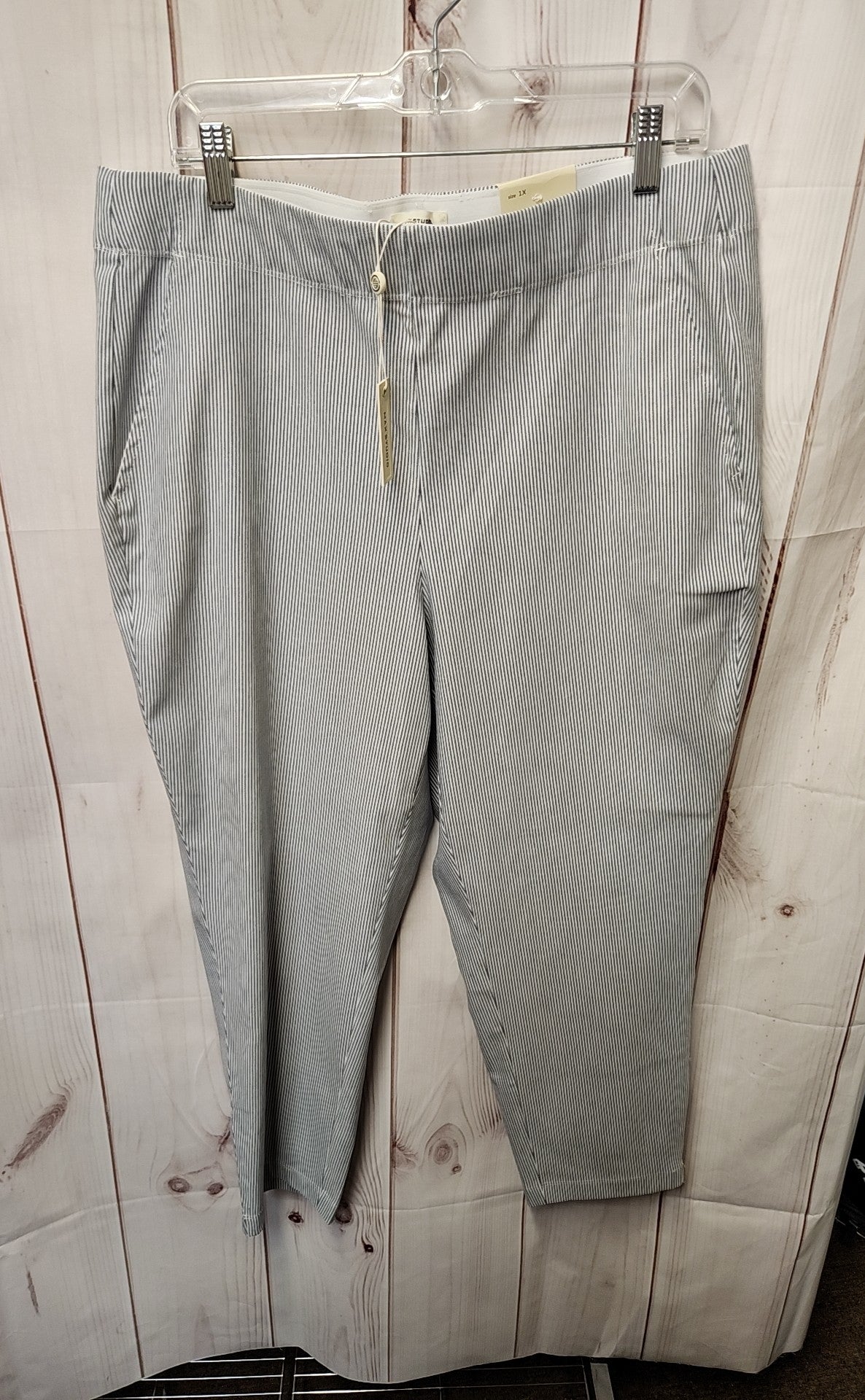 $118 NWT Max Studio Women's Size 1X Blue Pinstripe Pants Pull On Trousers