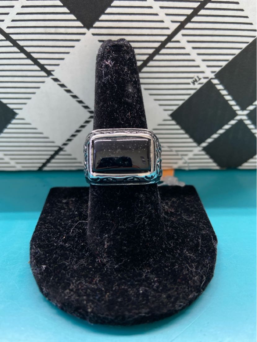 Stainless Steel Silver Size 9 Black Stones Ring