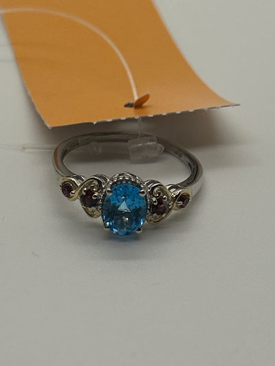 Ring Size 10 Blue Topaz & Red Ruby .925 Sterling Silver Ring