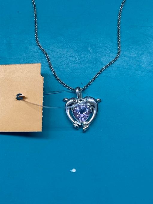 316L Stainless Steel .925 Silver Purple Stone Dolphin Heart Pendant Necklace