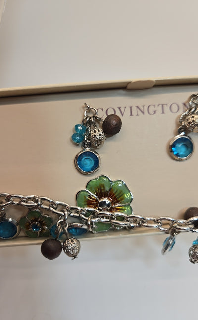 NIB Covington Blue Floral Bracelet & Earrings Jewelry Set