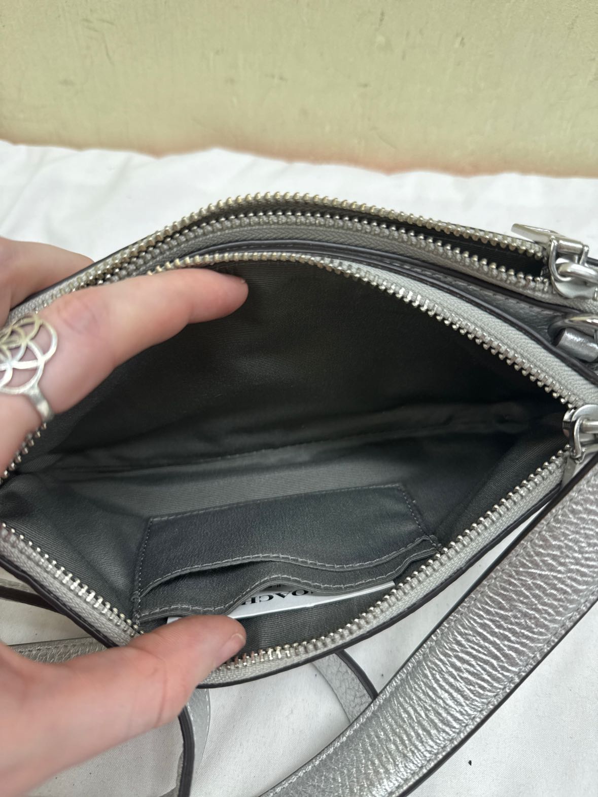 Coach CN496 Silver Leather Double Zip Crossbody Purse Bag