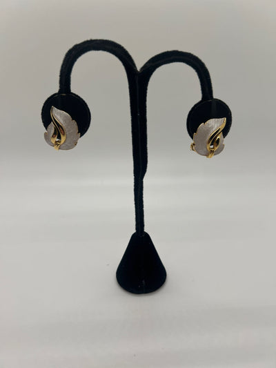 Gold & White/Silver Leaf Clip Vintage Earrings