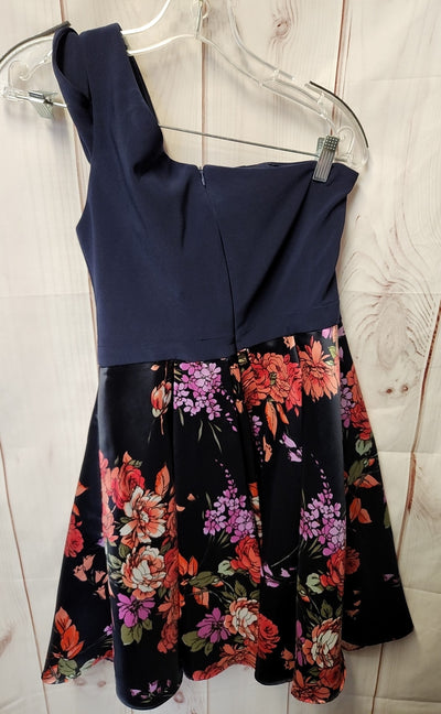 Betsey & Adam Women's Size 6 Blue Floral Black Dress Flare one shoulder