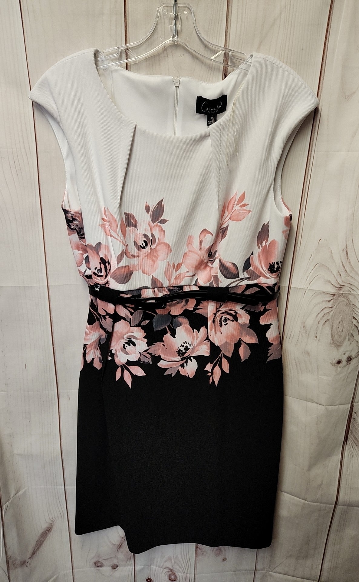 Connected Women's Size 12 Petite White & Black Floral Dress