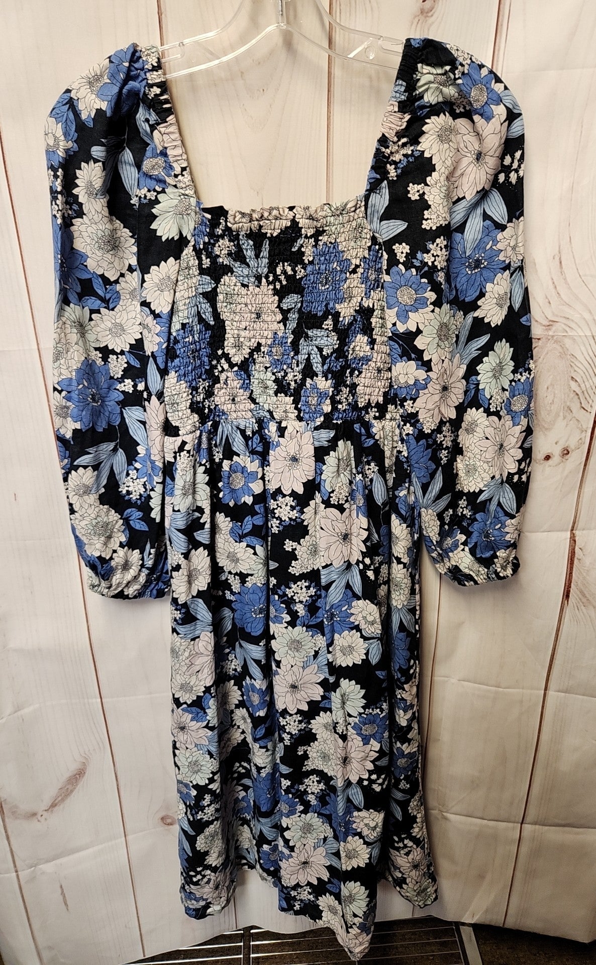 J Crew Women's Size XS Blue & White Floral Linen Smocked Dress with Slit