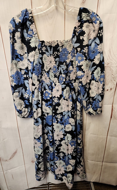 J Crew Women's Size XS Blue & White Floral Linen Smocked Dress with Slit