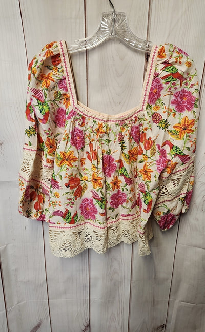 Rachel Zoe Women's Size L Beige & Pink Floral 3/4 Sleeve Top