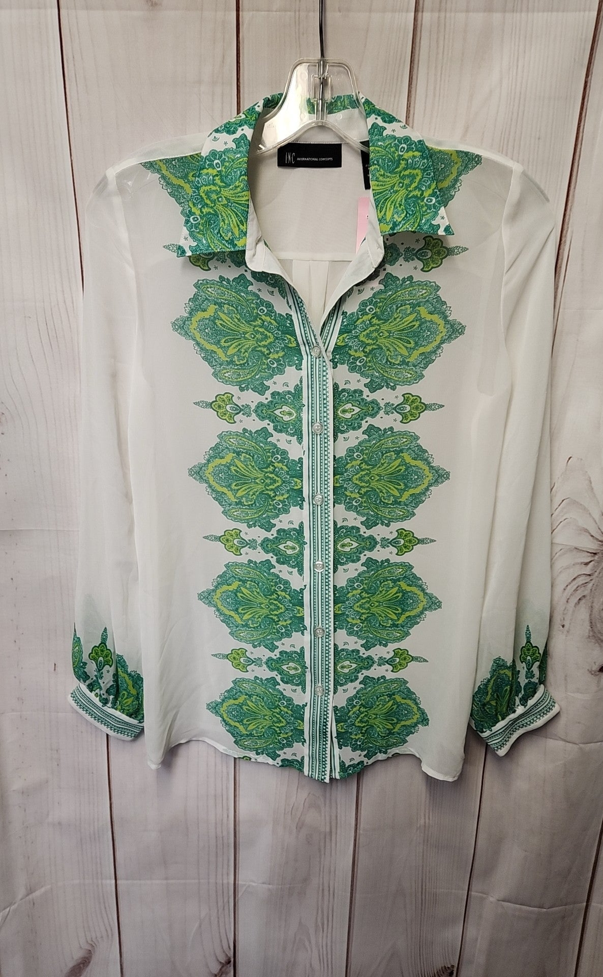 INC Women's Size 2 White & Green Long Sleeve Top