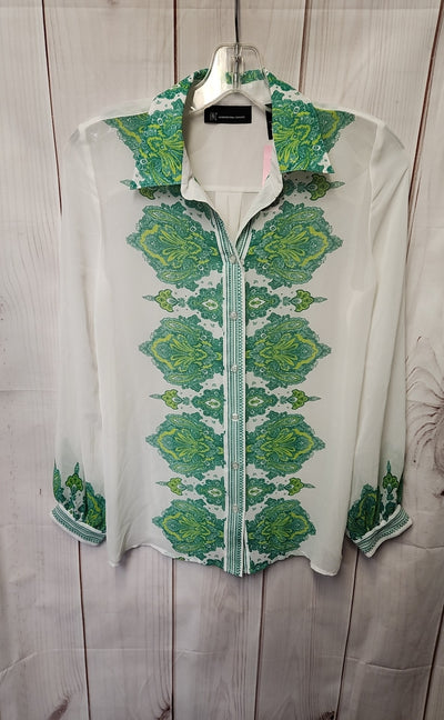 INC Women's Size 2 White & Green Long Sleeve Top