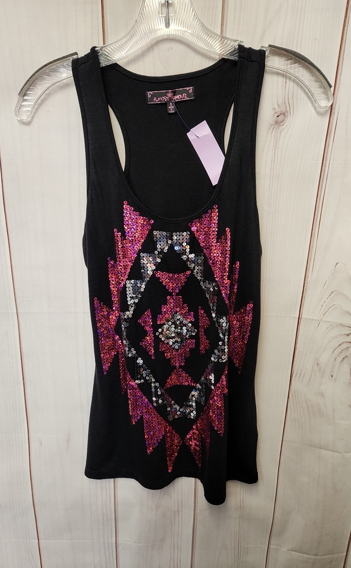 Almost Famous Women's Size S Black & Pink Sequined Active Top