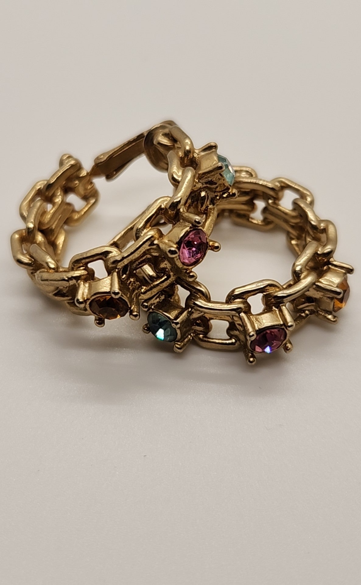 Sarah Coventry Gold Vtg Chain Hoop Rhinestone Crystal Blue Pink Amber Earrings