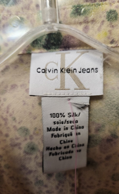 Calvin Klein Women's Size M Beige Silk Floral Long Sleeve Top
