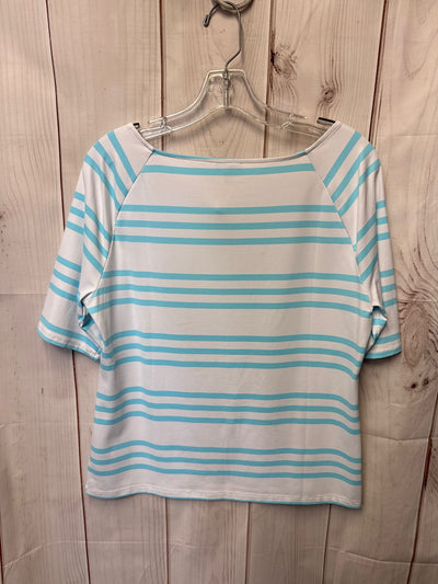 Talbots Women's Size L Petite White & Blue Short Sleeve Top