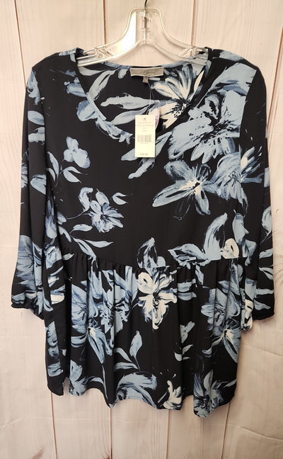 NWT Mia & Tess Women's Size L Black & Blue Floral 3/4 Sleeve Top