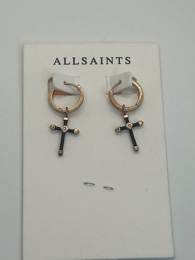 All Saints Gold & Black Lyra Cross Hoop Earrings