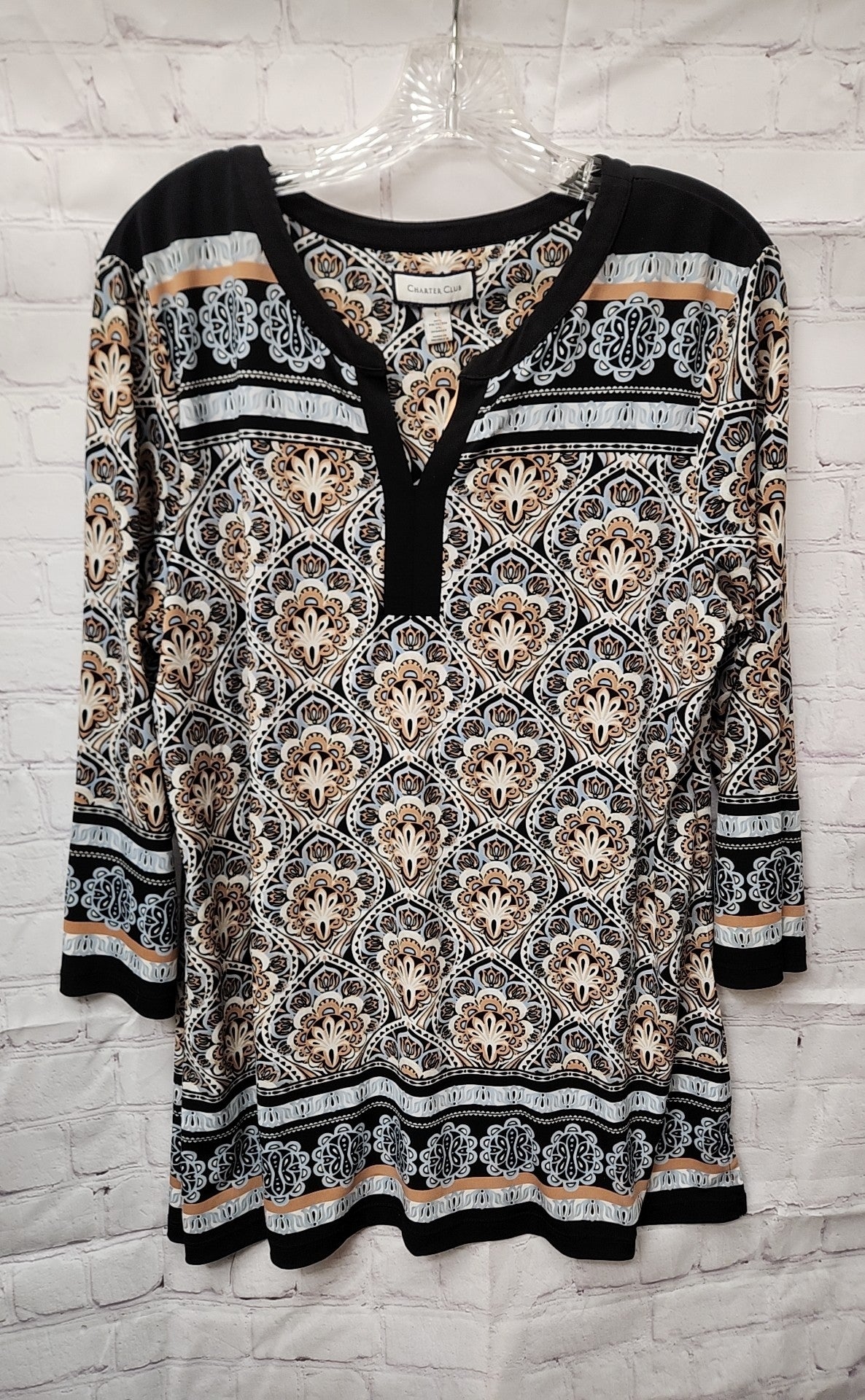 Charter Club Women's Size L Black & Brown 3/4 Sleeve Top