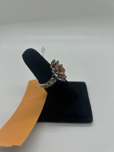 Ring Size 9 Peach Stone Flower .925 Sterling Silver  Ring