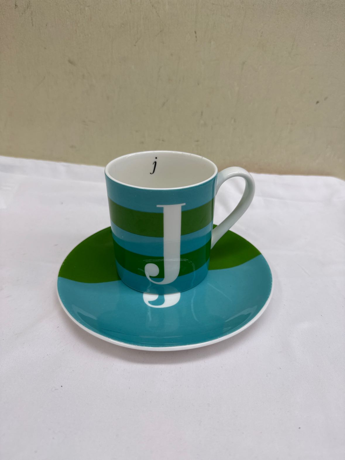 Kate Spade x Lenox Green & Blue Striped "J" Mug & Saucer Set