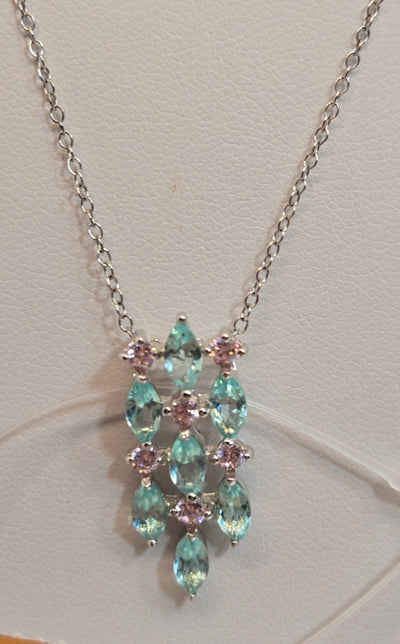 .925 Sterling Silver Pink & Green Stones Necklace
