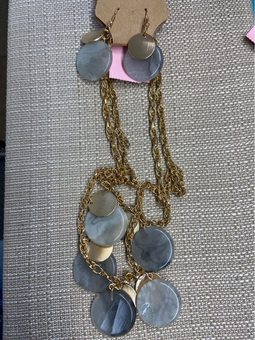 Gold & Gray Disk Necklace& Earrings Jewelry Set