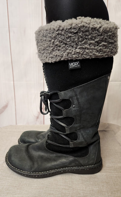 Ugg Tory Shearling Suede Lace Up Women's Size 10 Black Boots Shoes AS IS
