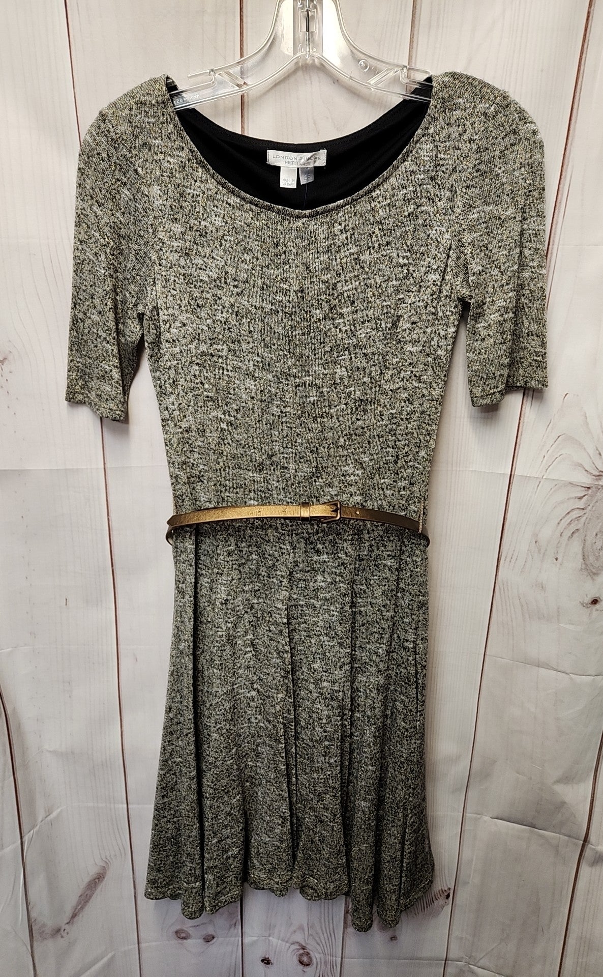 London Times Women's Size 4 Petite Gray & Gold Metallic Dress