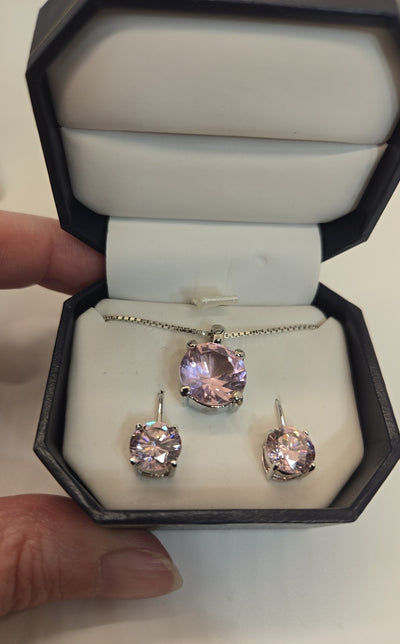 .925 Sterling Silver Italy Pink Stone Necklace & Earrings Jewelry Set