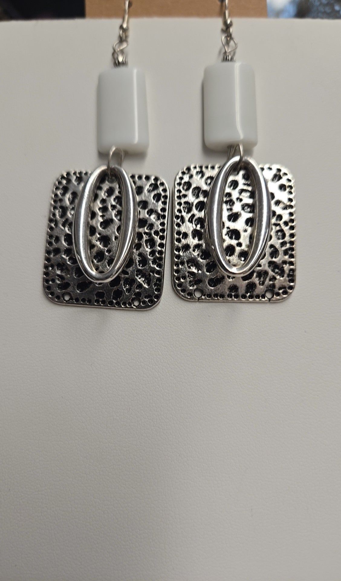 Silver & White Bead Drop Earrings