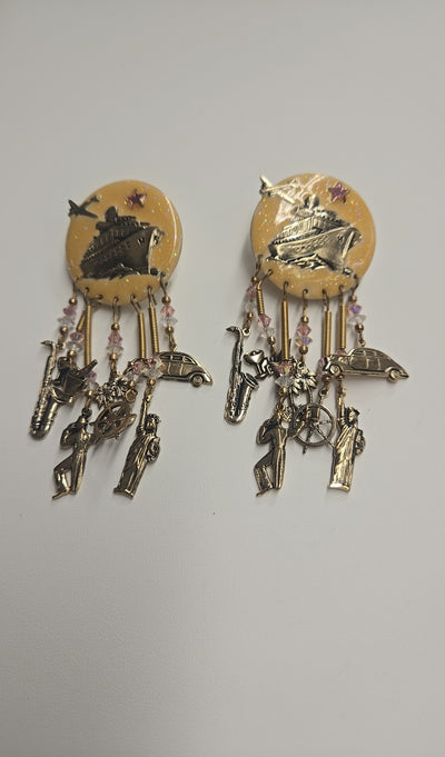 VTG Moulin Rouge Travel Charm Clip On Gold Earrings
