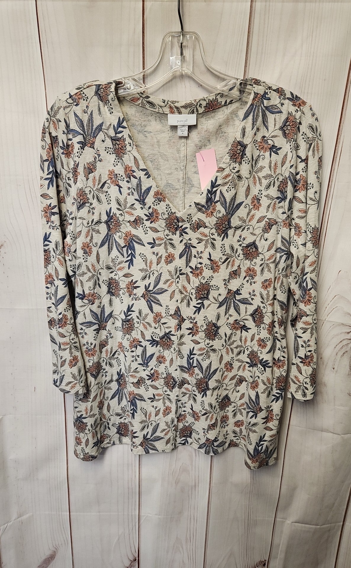 Pure Jill Women's Size M Beige Floral 3/4 Sleeve Top