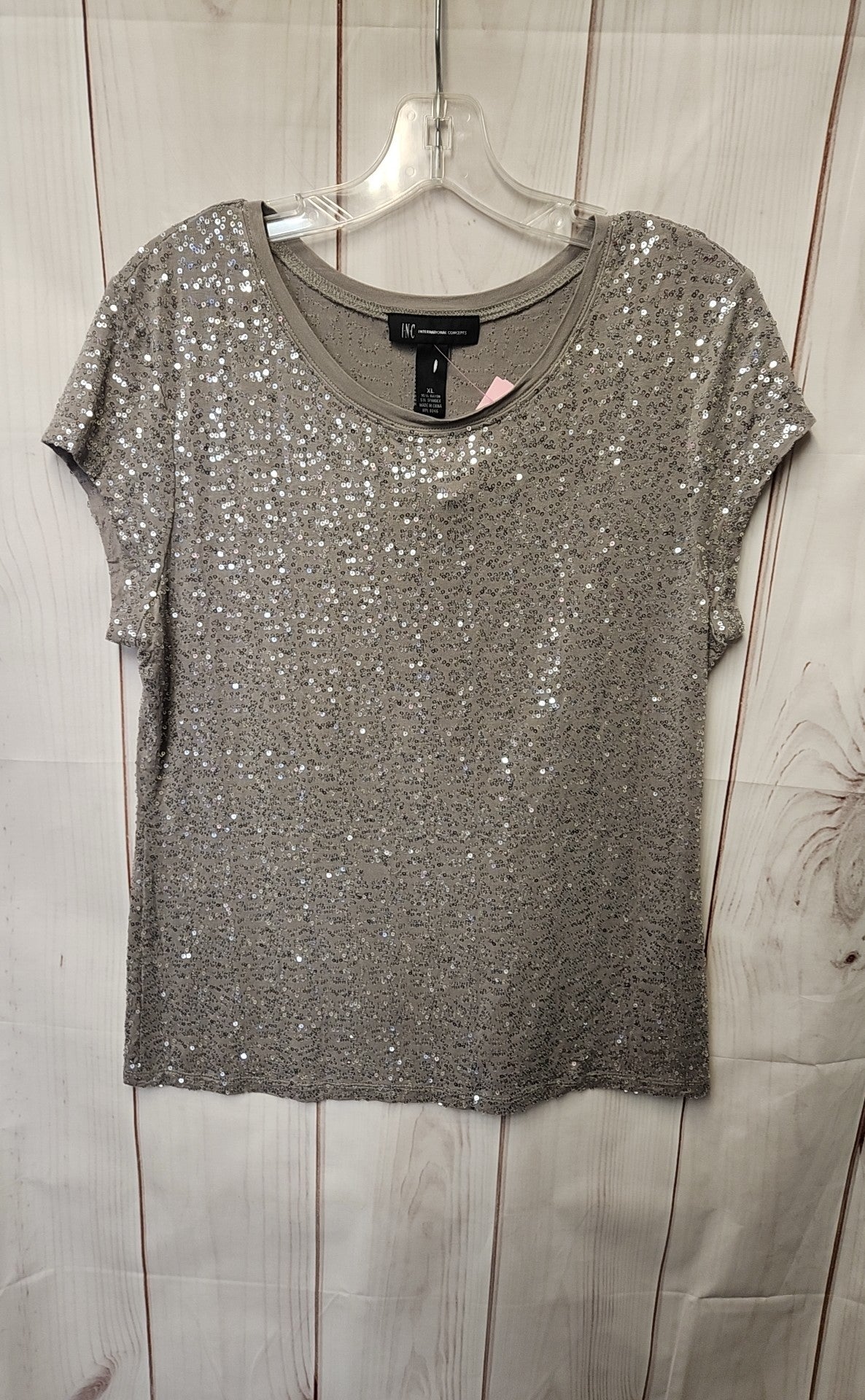 INC Women's Size XL Gray Sequined Short Sleeve Top