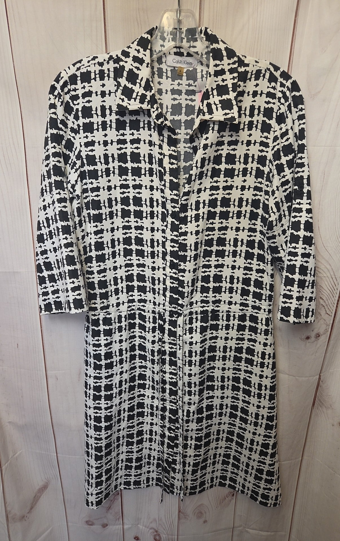 calvin klein black and white long sleeve dress Calvin Klein Black White Striped Knit Dress, Retro 60s Bell Sleeves, Size  Medium