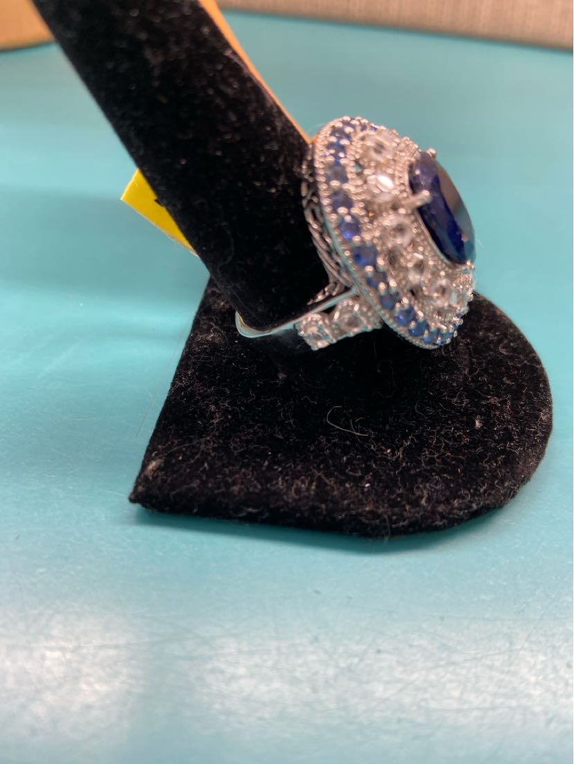 .925 Sterling Silver Size 10 Blue & Clear Stones Ring